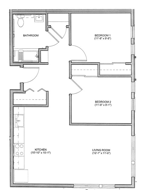 Floor plan for 2 beds, 1 bath, 807 sqft